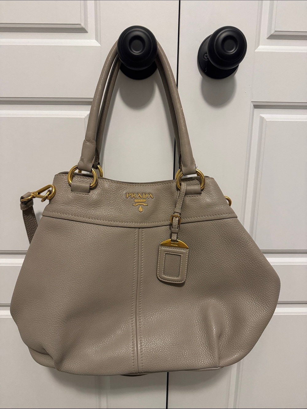 Prada Taupe Leather Shoulder Bag with Gold Hardware